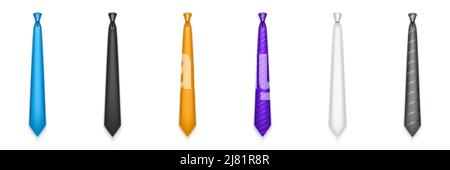 Collari da uomo, lacci per il collo per abito da ufficio, camicia formale, stile professionale. Set vettoriale realistico di 3D capi di abbigliamento maschio, raso con motivo a righe e puntini Illustrazione Vettoriale