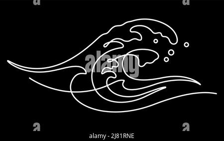 Un disegno a linee di un'illustrazione delle onde oceaniche marine. Linea di contorno e vettore di disegno continuo onda d'acqua isolata su sfondo nero Illustrazione Vettoriale