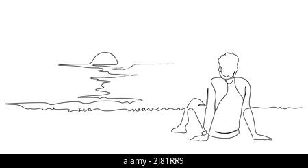 uomo seduto sulla spiaggia di mare e scene di tramonto vedere illustrazione in una linea disegno. Linee continue art stili vettoriali disegnati a mano. Illustrazione Vettoriale