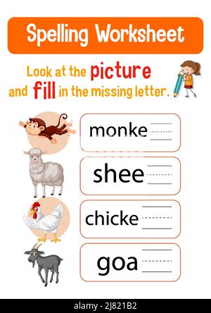 Disegno del foglio di lavoro per l'illustrazione di parole di ortografia Illustrazione Vettoriale
