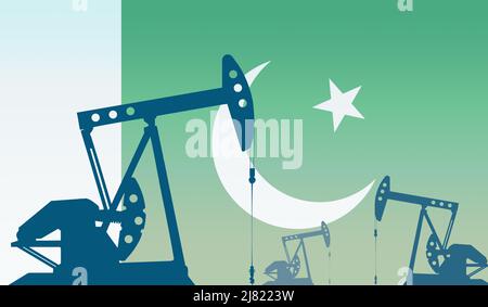 Silhouette della pompa dell'olio contro la bandiera del Pakistan. Petrolio greggio e gas di grado di estrazione. Concetto di giacimenti petroliferi e società petrolifere, mercato degli idrocarburi, Foto Stock