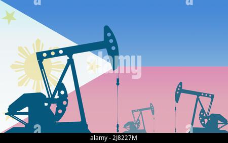 Silhouette della pompa dell'olio contro la bandiera delle Filippine. Petrolio greggio di grado di estrazione e gas. Concetto di giacimenti petroliferi e società petrolifere, marke di idrocarburi Foto Stock