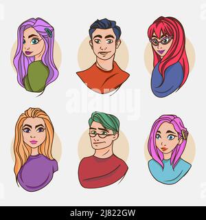 Set di ritratti icone di persone con capelli multicolore Illustrazione Vettoriale