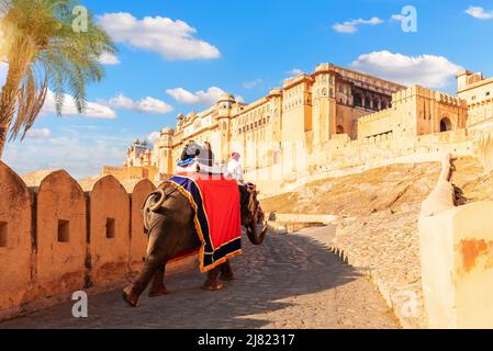 Cavalcando un elefante in Amber Fort, Jaipur, India Foto Stock