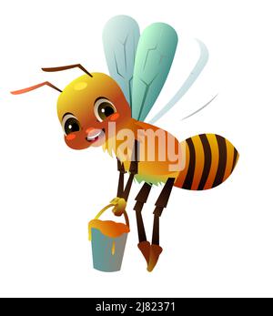 Ape felice. Porta miele. Oggetto fauna selvatica. Piccolo insetto divertente. Stile carino dei cartoni animati. Isolato su sfondo bianco. Vettore. Illustrazione Vettoriale