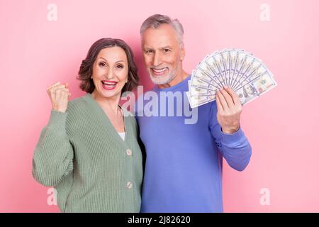 Ritratto di due persone entusiaste entusiaste tenere mostrando il pugno di raccolta di contanti isolato su sfondo rosa Foto Stock