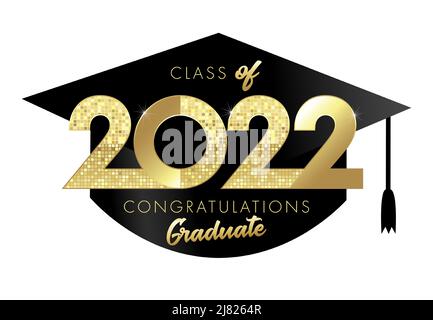 Icona o logo graduato. Classe di laurea di 2022 anni. Logo Class Off, scritta in oro lucido. Numeri 20, 22 con cilindro quadrato. Isolato a Illustrazione Vettoriale