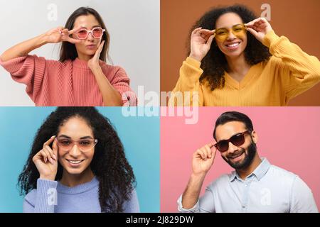Collage di quattro persone diverse in occhiali da sole su sfondo colori. Gente multirazziale felice con i volti soddisfatti che guardano la macchina fotografica Foto Stock