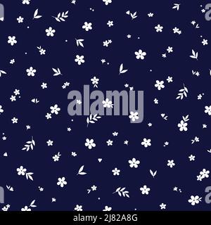 Motivo floreale senza cuciture con piccoli fiori bianchi carini su sfondo blu. Stampa Ditsy per tessuti, tessuti, vestiti per bambini, biancheria da letto Illustrazione Vettoriale