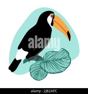 Carta estiva con toucan e calatea foglie su sfondo astratto spot, tropicale uccello esotico con becco grande e verde giungla foglie illustrazione vettoriale Illustrazione Vettoriale