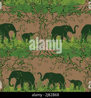 Motivo vettoriale senza cuciture con silhouette a elefante su sfondo beige chiaro. Carta da parati paesaggio africano. Etnia safari moda tessile. Illustrazione Vettoriale