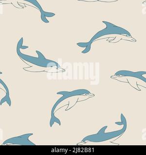 Pattern vettoriale senza giunture con delfini su sfondo beige. Carta da parati subacquea semplice disegnata a mano. Cartone decorativo di pesce tessile moda. Illustrazione Vettoriale