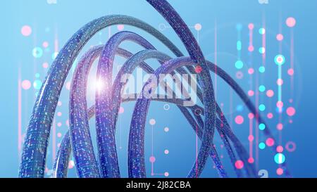 Spazio Internet di dati aperti. Flussi digitali globali e tecnologie cibernetiche strutturali. 3D illustrazione dei conduttori intrecciati delle informazioni codificate Foto Stock