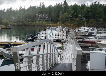 Roche Harbour, WA USA - circa novembre 2021: Vista dei moli di Roche Harbour in una giornata piovosa e colma. Foto Stock