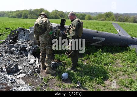 Biskvitne, Ucraina. 08th maggio 2022. I soldati ucraini ispezionano un elicottero russo distrutto abbattuto dagli antiaerei ucraini nel villaggio di Biskvitne. I soldati ucraini liberarono il piccolo villaggio di Biskvitne fuori da Kharkiv, dove le truppe russe si ritirarono di recente dopo intensi combattimenti con le forze ucraine. La Russia ha invaso l'Ucraina il 24 febbraio 2022, scatenando il più grande attacco militare in Europa dalla seconda guerra mondiale Credit: SOPA Images Limited/Alamy Live News Foto Stock