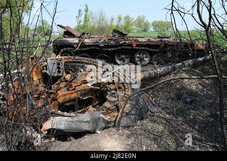 Biskvitne, Ucraina. 08th maggio 2022. Resti di un carro armato russo distrutto nel villaggio di Biskvitne, dopo la liberazione dell'esercito ucraino soldati ucraini liberato il piccolo villaggio di Biskvitne fuori da Kharkiv sono state recentemente ritirate truppe russe a seguito di intensi combattimenti con le forze ucraine. La Russia ha invaso l'Ucraina il 24 febbraio 2022, scatenando il più grande attacco militare in Europa dalla seconda guerra mondiale Credit: SOPA Images Limited/Alamy Live News Foto Stock