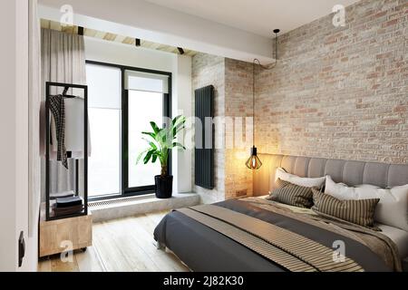3D interni di una camera da letto con un bagno aperto in stile loft Foto Stock