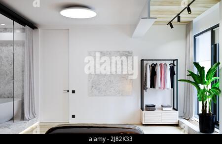 3D interni di una camera da letto con un bagno aperto in stile loft Foto Stock
