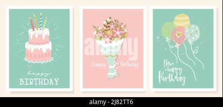 Divertenti disegni di carte da festa disegnati a mano. Graziosi modelli, grande per feste di compleanno, banner, sfondi, inviti - disegno vettoriale Illustrazione Vettoriale