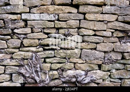 Sfondo - un muro di pietra a secco costruito con pietra Cotswold a Burford nel Cotswolds, Gloucestershire, Regno Unito Foto Stock