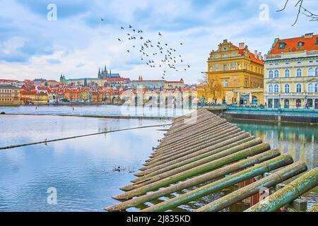 Paesaggio urbano di Praga con fiume Moldava, Ponte Carlo, Cattedrale di San Vito, palazzi storici della città e gregge di piccioni, volare in cielo nuvoloso, Czec Foto Stock