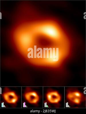 La collaborazione Event Horizon Telescope (EHT) ha creato una singola immagine (frame superiore) del buco nero supermassivo al centro della nostra galassia, chiamato Sagittario A*, o SGR A*, combinando immagini estratte dalle osservazioni EHT. L'immagine principale è stata prodotta calcolando la media di migliaia di immagini create utilizzando diversi metodi di calcolo, che si adattano perfettamente ai dati EHT. Questa immagine media conserva le funzioni più comunemente visualizzate nelle varie immagini e sopprime le funzioni che appaiono raramente. Credito: Collaborazione EHT Foto Stock