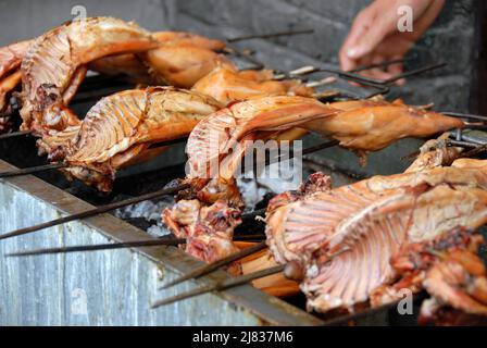 Fenghuang, provincia di Hunan, Cina: Cucina di carne su un barbecue a Fenghuang. Cibo tradizionale cinese di strada. Profondità di campo poco profonda. Foto Stock