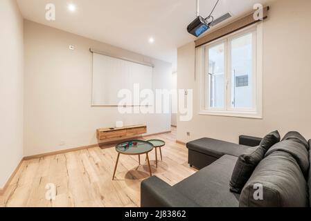 Sala cinema con proiettore, divano rivestito in tessuto scuro, 3D bicchieri su tavoli circolari, schermo estraibile, finestra su patio e legno marrone chiaro Foto Stock