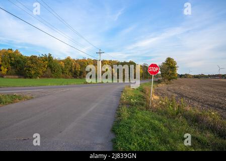 Segnale di stop all'incrocio con una strada di campagna deserta al tramonto. Sullo sfondo è visibile un parco eolico. Foto Stock