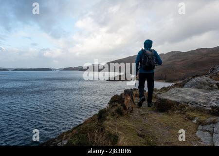 Paesaggi del Regno Unito: Persona che cammina un cane alongede Loch Morar vicino Mallaig in inverno, Highlands scozzesi, Scozia, Regno Unito Foto Stock