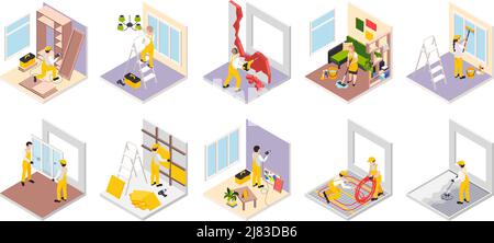 Lavori di ristrutturazione set isometrico di composizioni di stanze isolate con mobili e lavoratori in uniforme illustrazione vettoriale Illustrazione Vettoriale