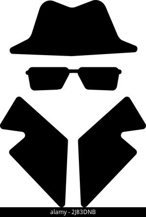 Detective in occhiali da sole e cappello, riservatezza concetto icona su bianco Illustrazione Vettoriale