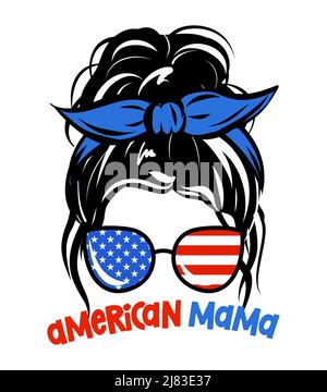 All American Mama - bella faccia donna con occhiali da sole aviatore e bandana blu. Mamma con un subbio sudicio, facendo roba. Buon giorno di indipendenza! Illustrazione Vettoriale