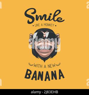 Sorridi come una scimmia con una Nuova Banana. Vettore sorridente Chimpanzee Ape con occhiali da sole, citazione tipografica. Funny Monkey Head con occhiali per Wall Art, T Illustrazione Vettoriale