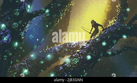 Arciere in piedi su un albero nella foresta fantasy, stile di arte digitale, pittura di illustrazione Foto Stock