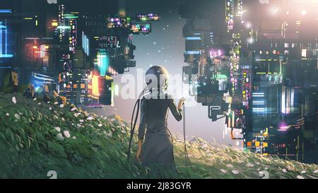 Donna che indossa un casco futuristico in piedi in un mondo virtuale, stile di arte digitale, pittura di illustrazione Foto Stock