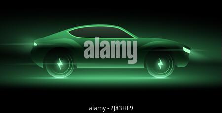 Illustrazione vettoriale veloce del concetto di auto elettrica. Veicolo elettrico al neon verde che si illumina ad alta velocità su sfondo scuro notturno. Futuristico SUV o auto sportive con simbolo di tensione sulle ruote. Illustrazione Vettoriale