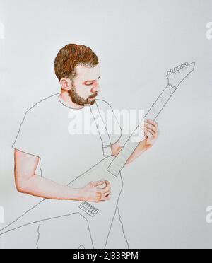 Pittura di giovane che suona la chitarra elettrica Foto Stock