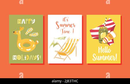 Set vettoriale di carte estive luminose. Poster con limone, beachwear, sunglasess. Illustrazione Vettoriale