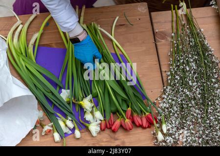 Mosca, Russia. 8th marzo 2022 il fiorista colleziona un bouquet in vendita presso un mercato di fiori presso il centro commerciale Petrovsky Passage in occasione della Giornata Internazionale della Donna a Mosca, Russia Foto Stock