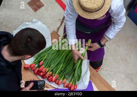 Mosca, Russia. 8th marzo 2022 Una donna vende mazzi di tulipani in un mercato di fiori al centro commerciale Petrovsky Passazh in occasione della Giornata internazionale della donna a Mosca, Russia Foto Stock