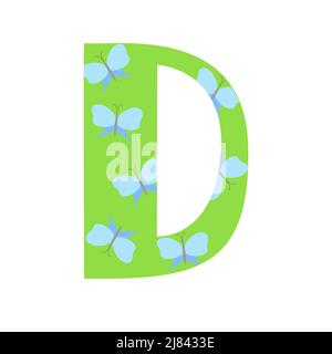 Maiuscolo verde brillante decorato con fiori primavera lettera disegnata a mano D dell'alfabeto inglese semplice illustrazione vettoriale stile cartoon, abc calligrafico, carino divertente scrittura a mano, scarabeo e lettere Illustrazione Vettoriale