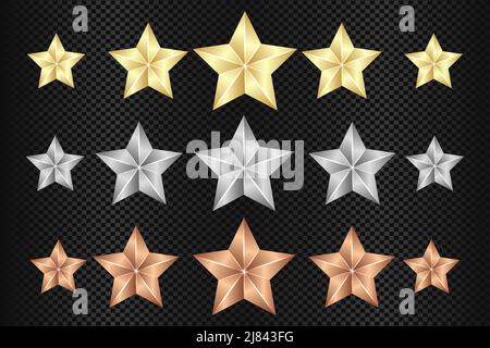 Gold Silver e Bronze STAR. Stelle realistiche. Illustrazione del vettore del set di icone a stella Illustrazione Vettoriale