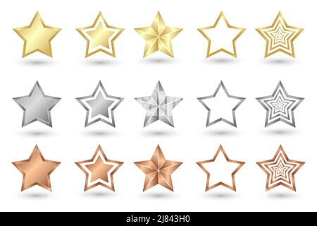 Gold Silver e Bronze STAR. Stelle realistiche. Illustrazione del vettore del set di icone a stella Illustrazione Vettoriale