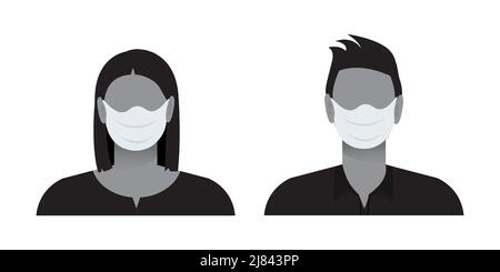 Donna e uomo che indossano maschere nel concetto di coronavirus. Tratto modificabile. Illustrazione vettoriale isolata. Illustrazione Vettoriale