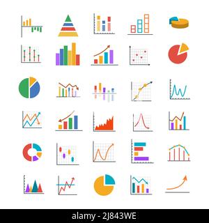 Grafici aziendali a colori e icone dei grafici. Grafico finanziario. icone infografiche. Illustrazione Vettoriale