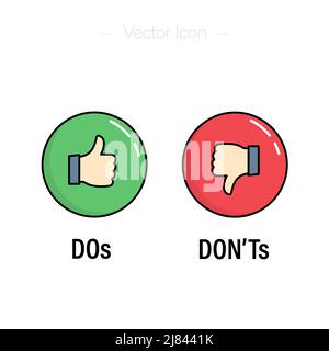 Icona del segno cose da fare e da non fare. Come, a differenza di simbolo. Illustrazione del vettore isolato modificabile. Illustrazione Vettoriale