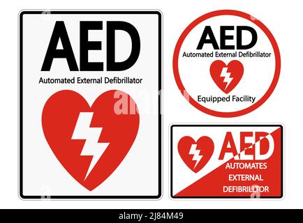 Impostare l'etichetta del simbolo AED su sfondo bianco Illustrazione Vettoriale