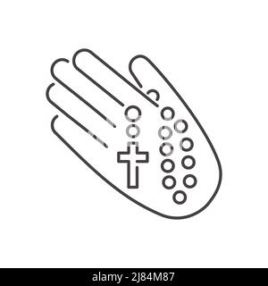Rosary perline silhouette. Gioielli di preghiera per la meditazione. Cappelletto cattolico con croce in mano. Simbolo di religione. Illustrazione vettoriale. Illustrazione Vettoriale