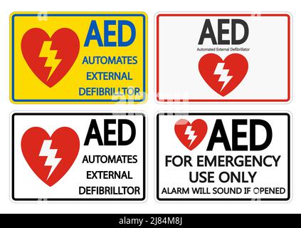 Impostare l'etichetta del simbolo AED su sfondo bianco Illustrazione Vettoriale